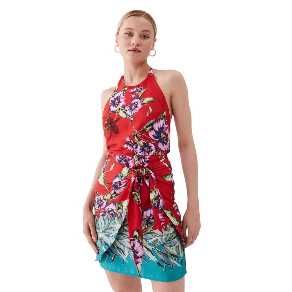 Guess Womens Halter Summer Figueroa Floral Mini Dress Red Teal Medium - Picture 1 of 5